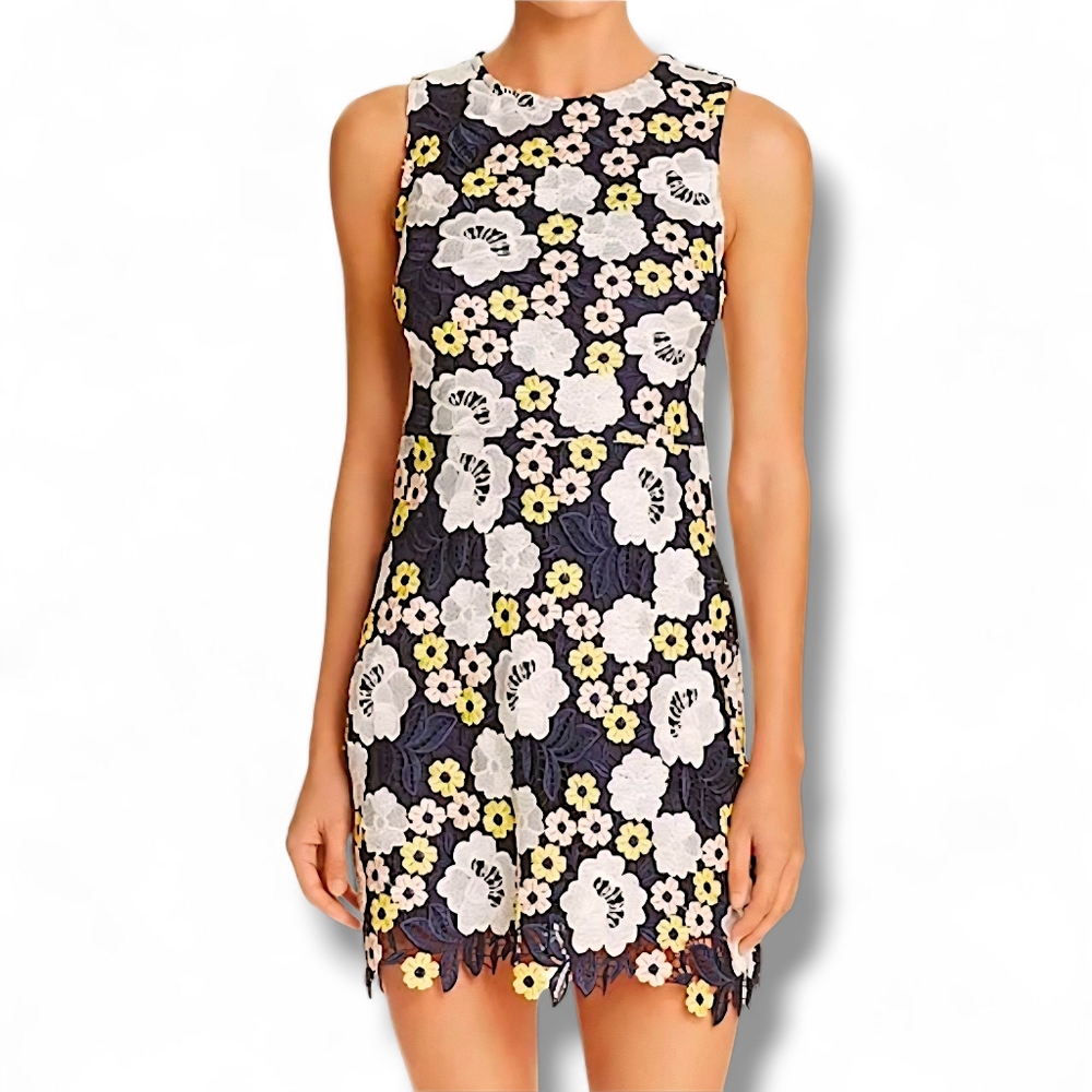 NWOT Aqua Floral Crochet Mini Dress Bloomingdales Navy White Yellow Sleeveless